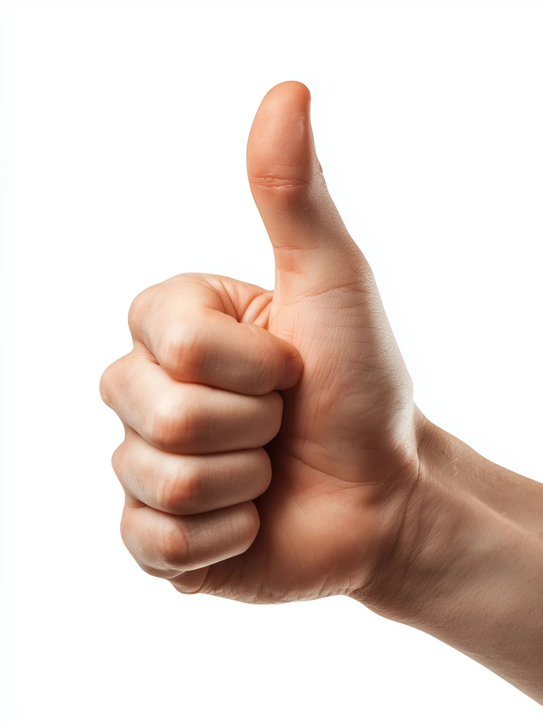 A human hand making a thumbs up gesture isolated on a clean white background.
