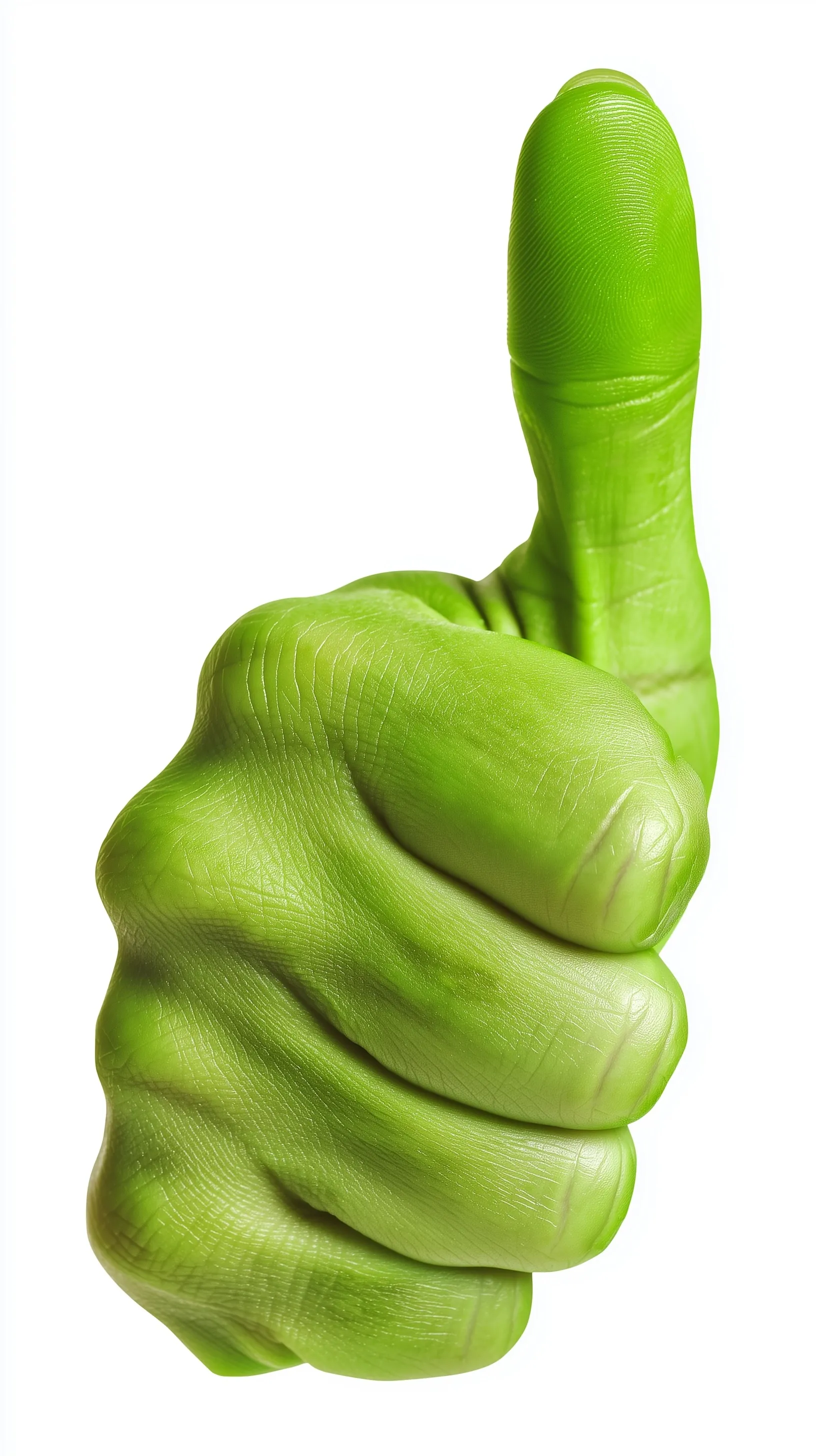 A hand showing a green thumbs up gesture isolated on a plain white background.