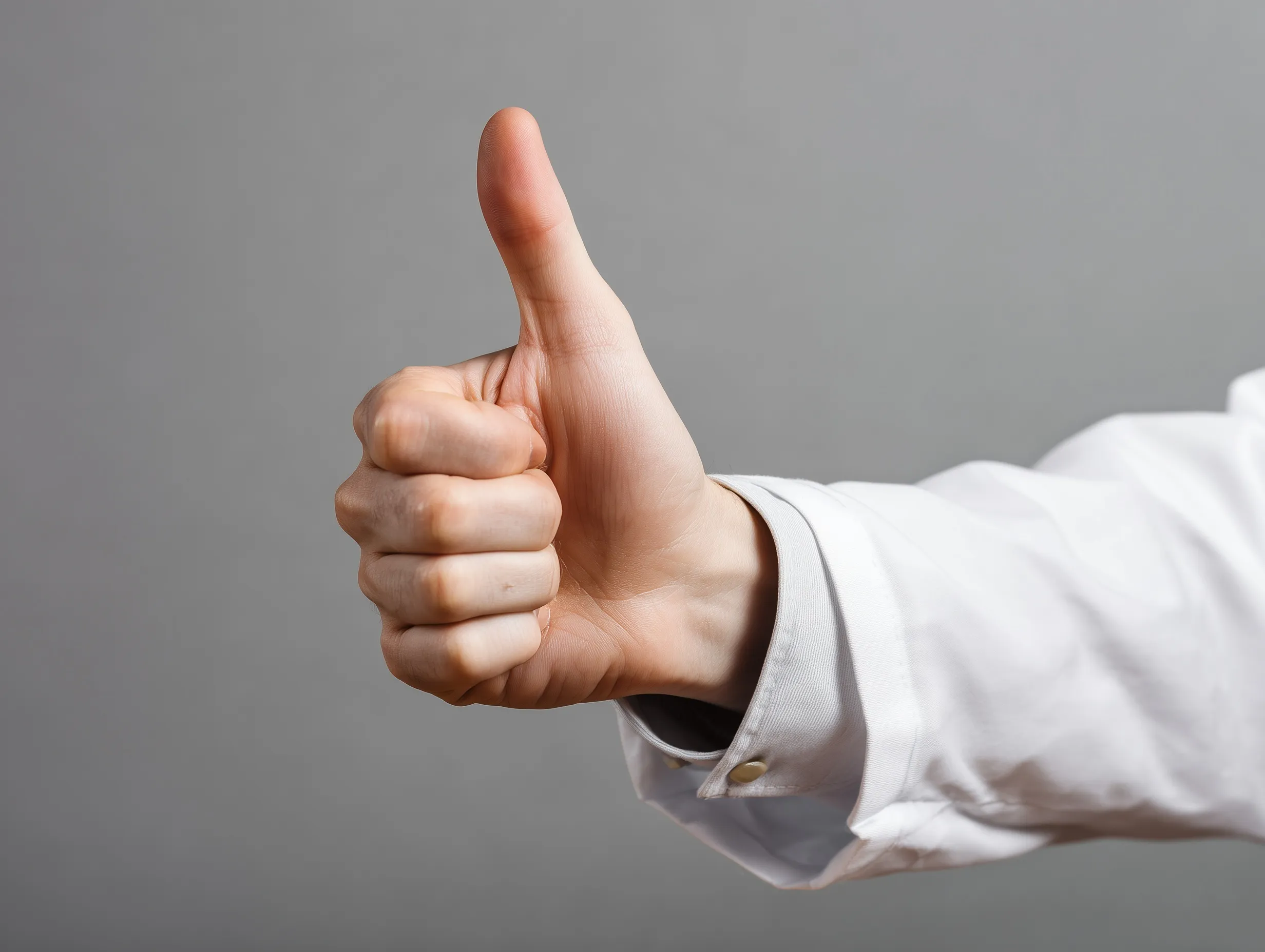 A person in a white professional coat giving a thumbs up gesture against a neutral grey background.