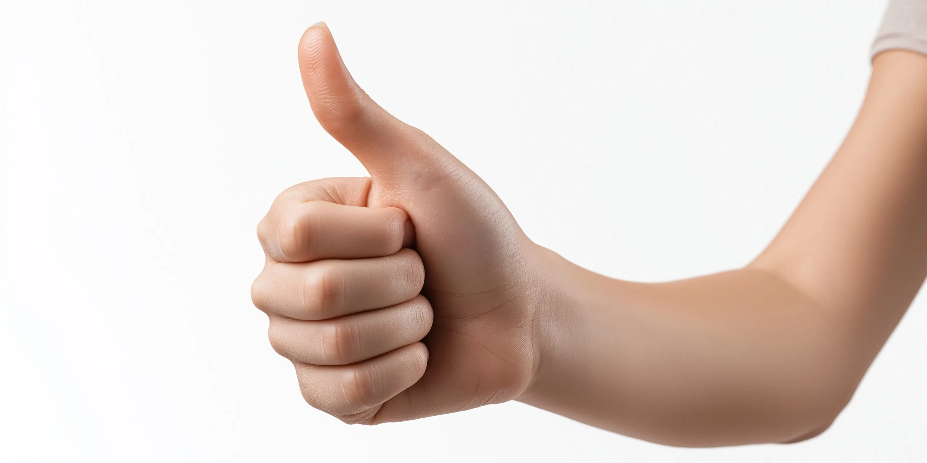 Realistic female hand showing a thumbs up sign against a plain white background.