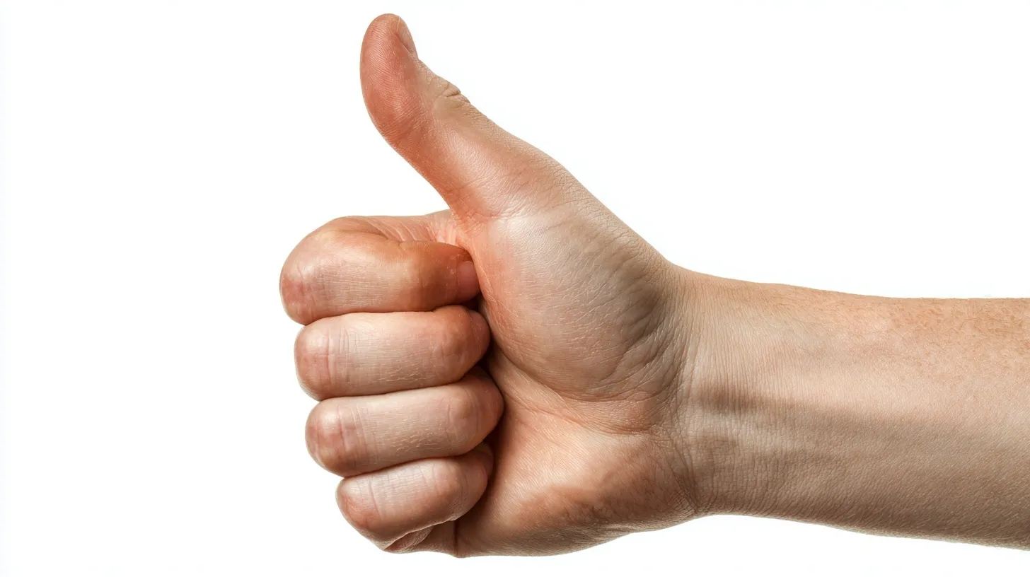 A close-up of a hand making a thumbs up gesture isolated on a clean white background.