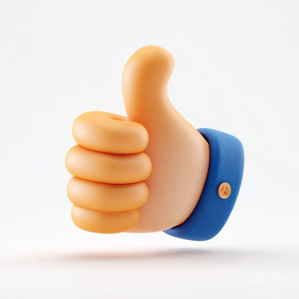 3D cartoon hand showing a thumbs up gesture with an orange skin tone and blue cuff, isolated on white.