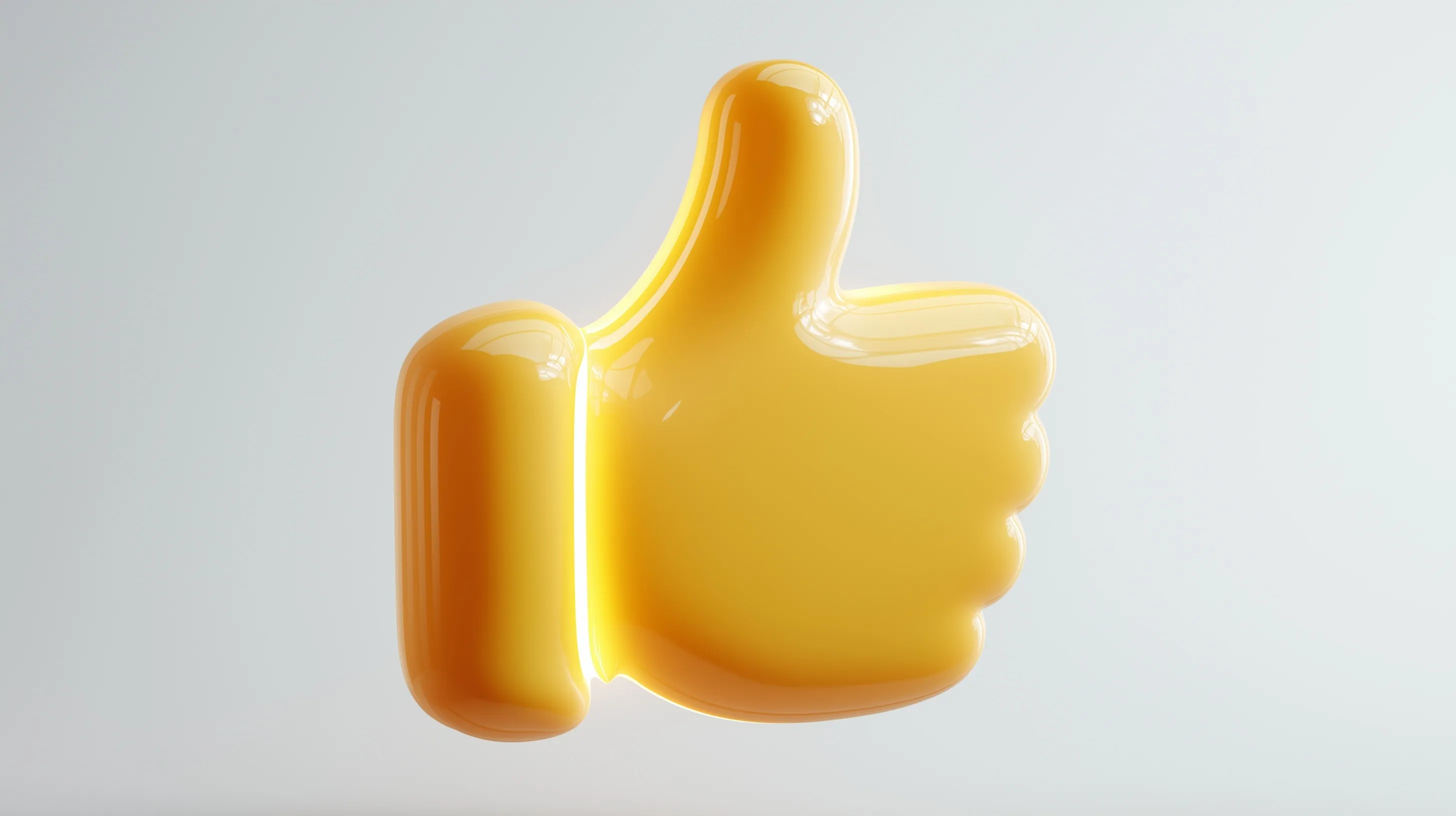 A 3D Pixar-style yellow thumbs up emoji with a glossy finish appearing from the left on a minimalist grey background.