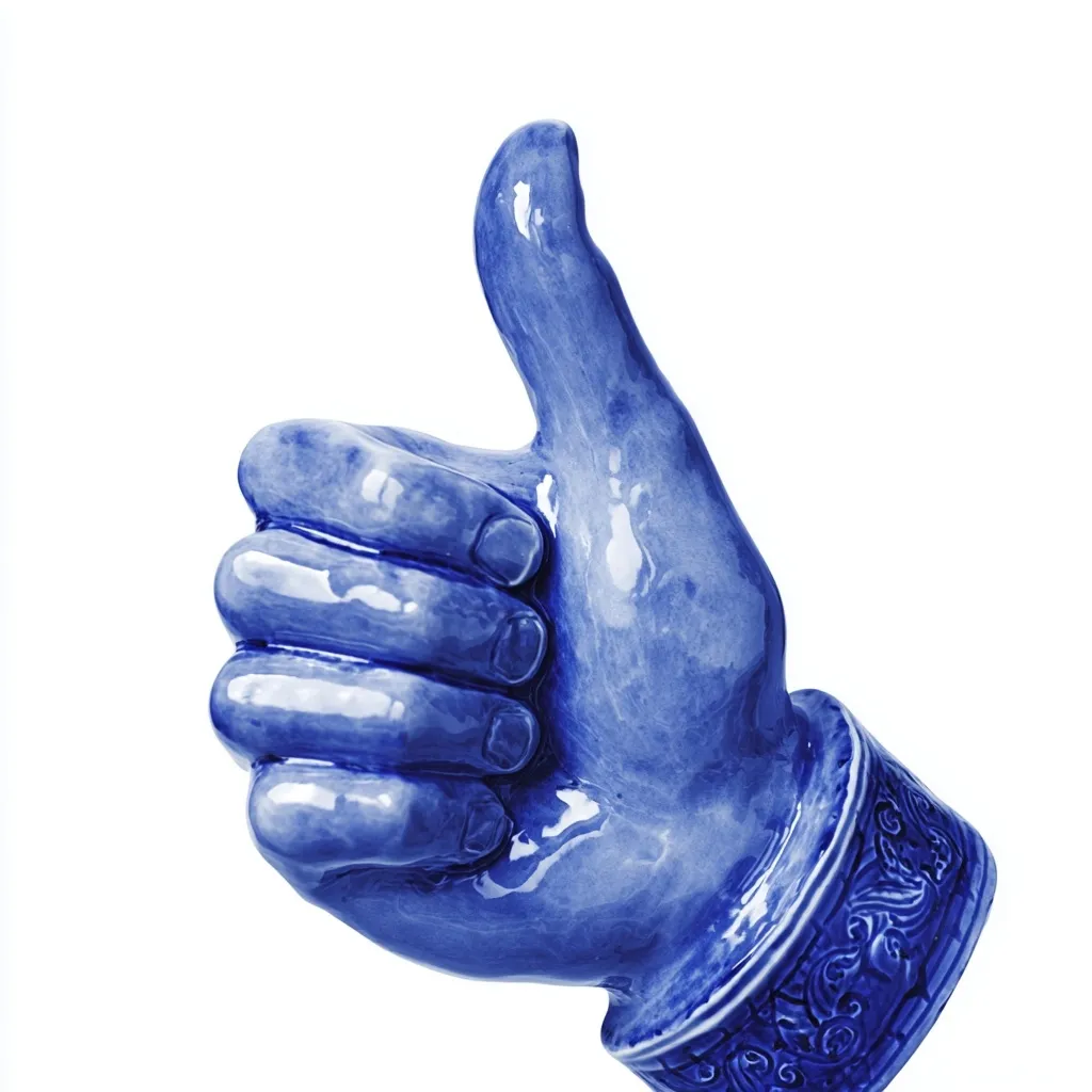 A blue ceramic hand sculpture making a thumbs up gesture isolated on a plain white background.