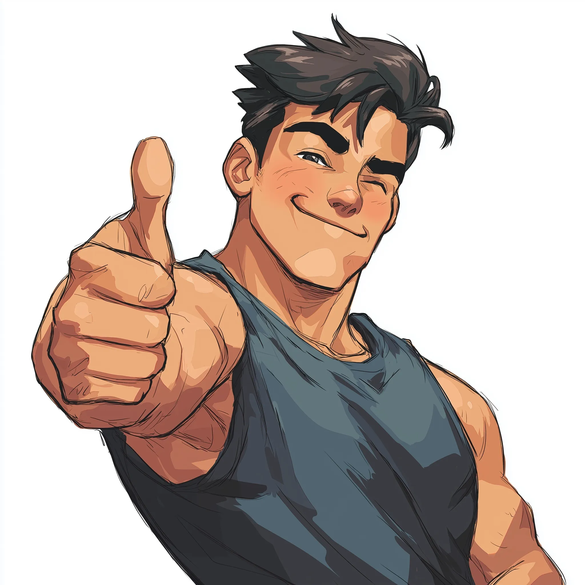 An anime-style gymbro character with a confident expression, winking and giving a thumbs up gesture.