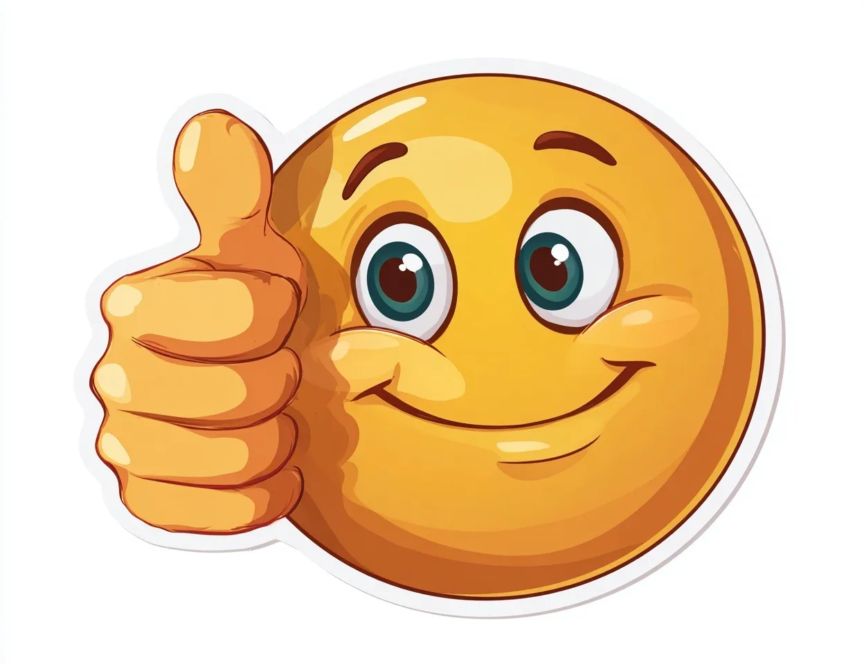 Smiling emoji sticker with a thumbs up gesture, isolated as a vector graphic on a white background.