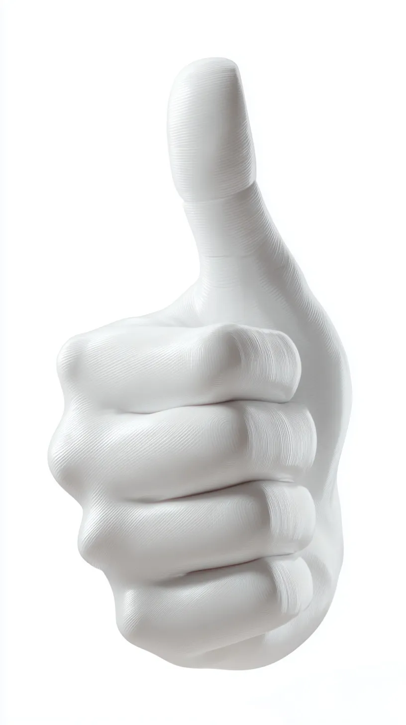 A 3D white hand gesture giving a thumbs up on a clean white background, rendered in a stylized Pixar-like aesthetic.