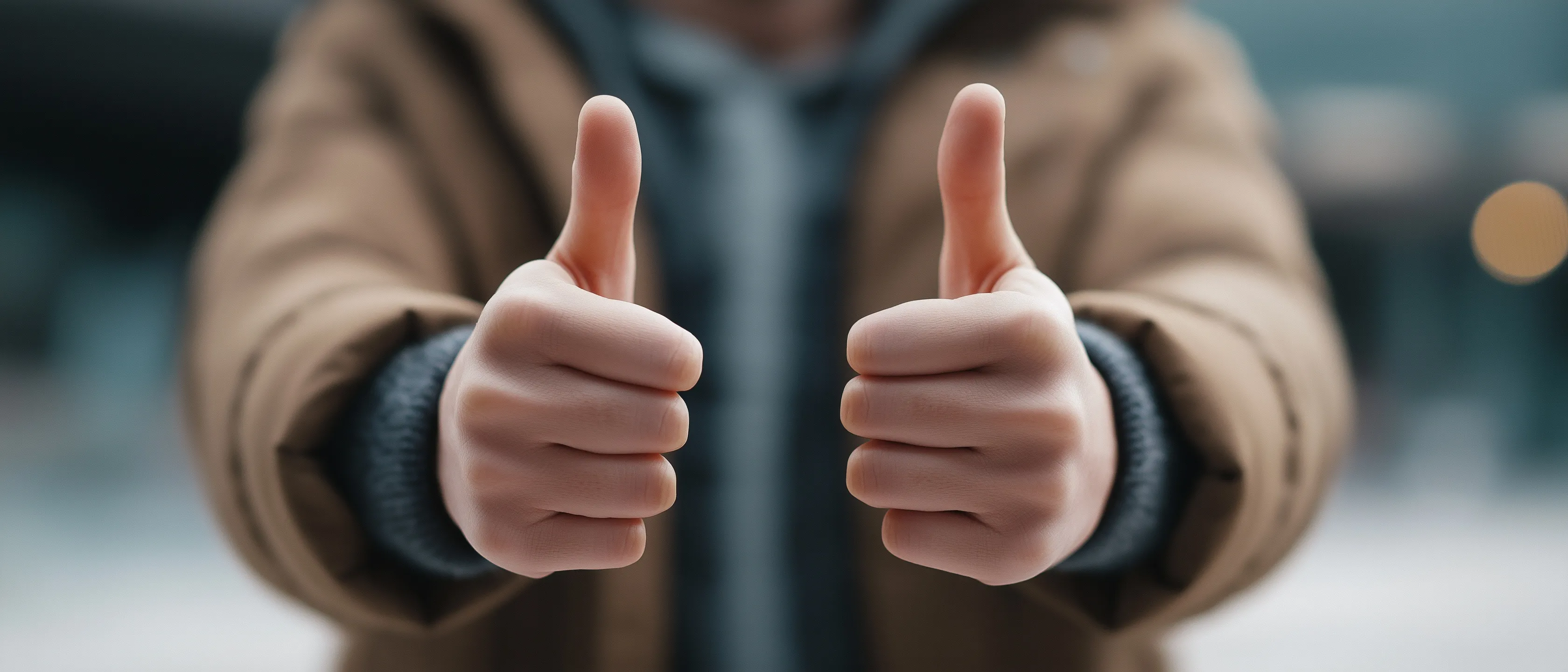 A person giving two thumbs up against a professional corporate background with copy space for text.