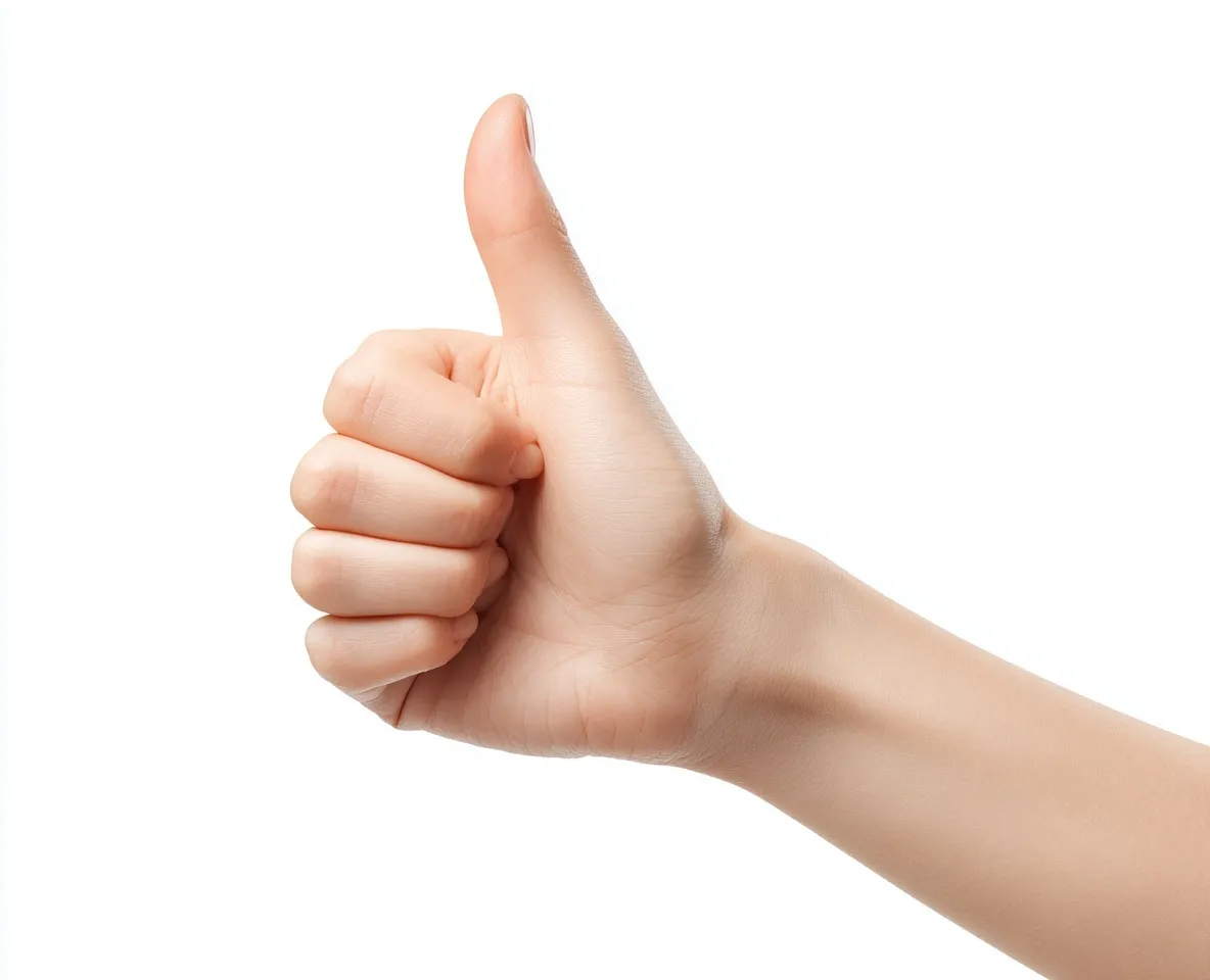 A woman's hand making a thumbs up gesture isolated on a white background.
