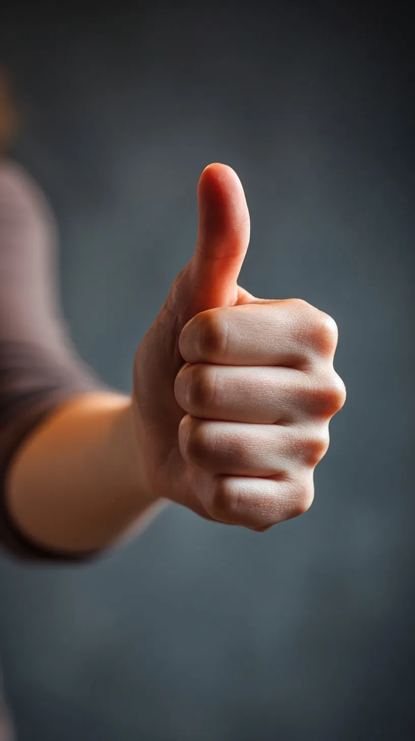A woman's hand making a thumbs up gesture against a clean, neutral limbo background in studio lighting.