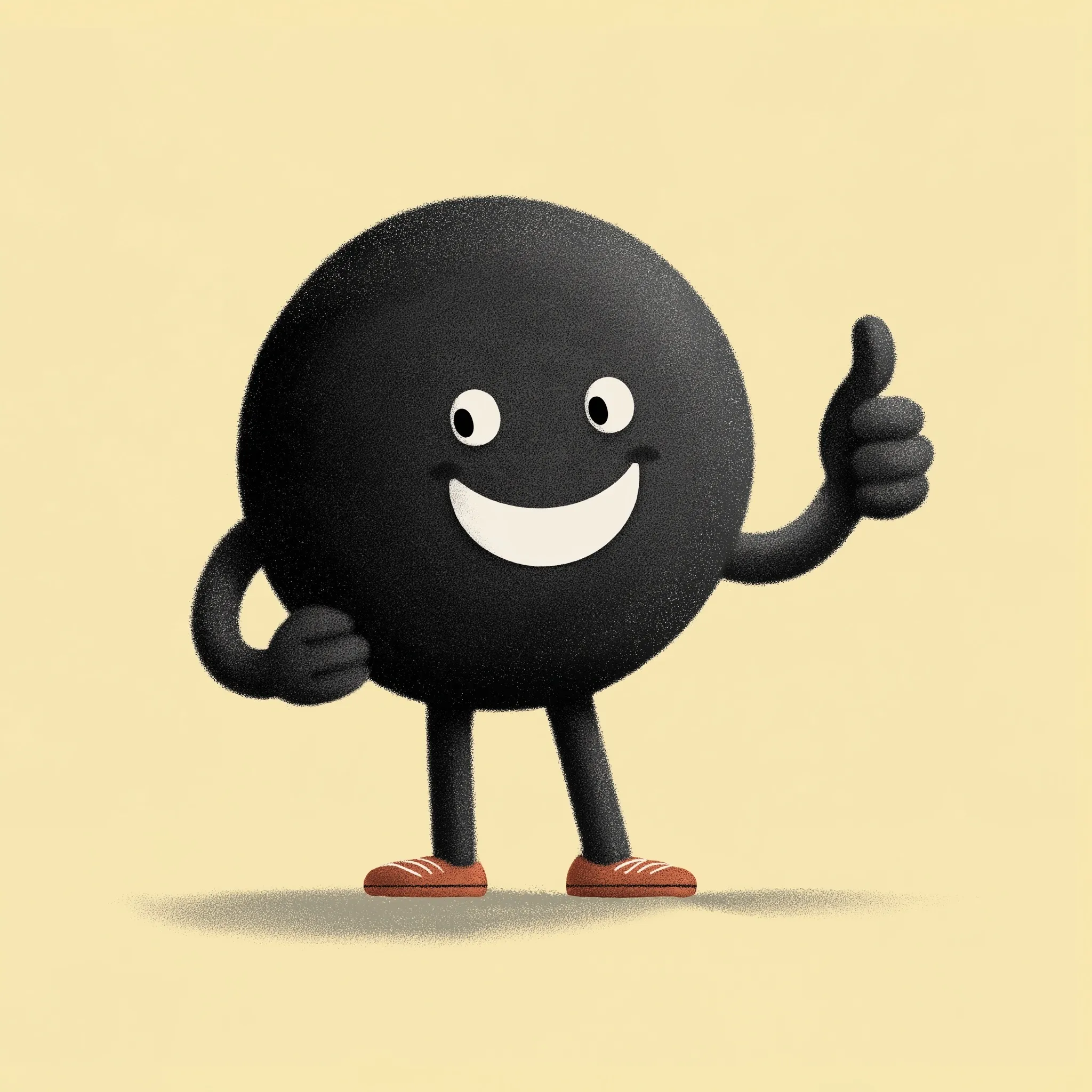 A cute black mascot illustration with a thumbs up gesture, featuring a white smile and moody long shadows.