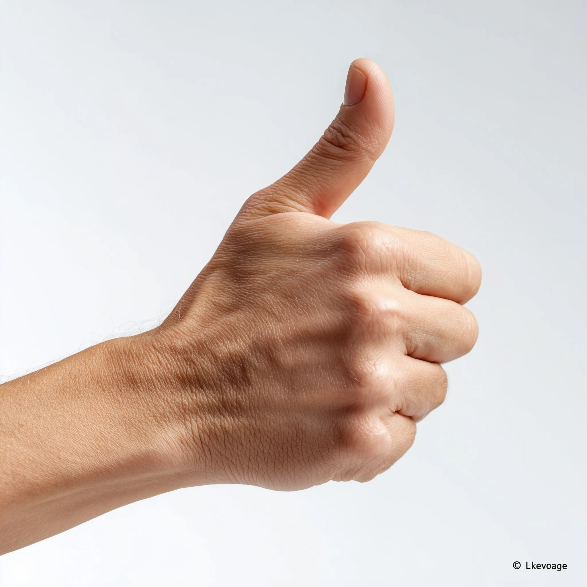 A studio close-up of a fair-skinned human hand making a positive thumbs up gesture against a clean white background.