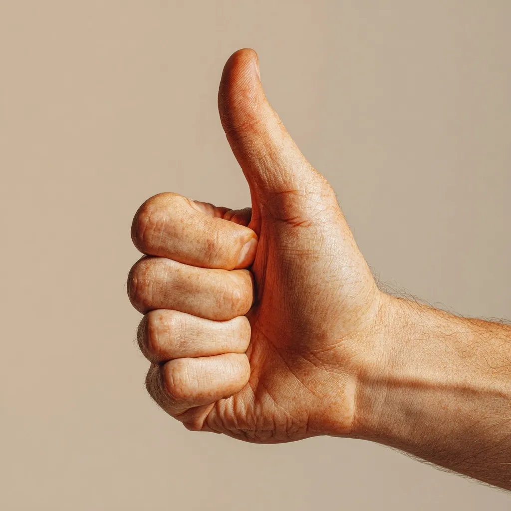 A close-up of a human hand making a thumbs up gesture, symbolizing success, approval, and positive feedback.