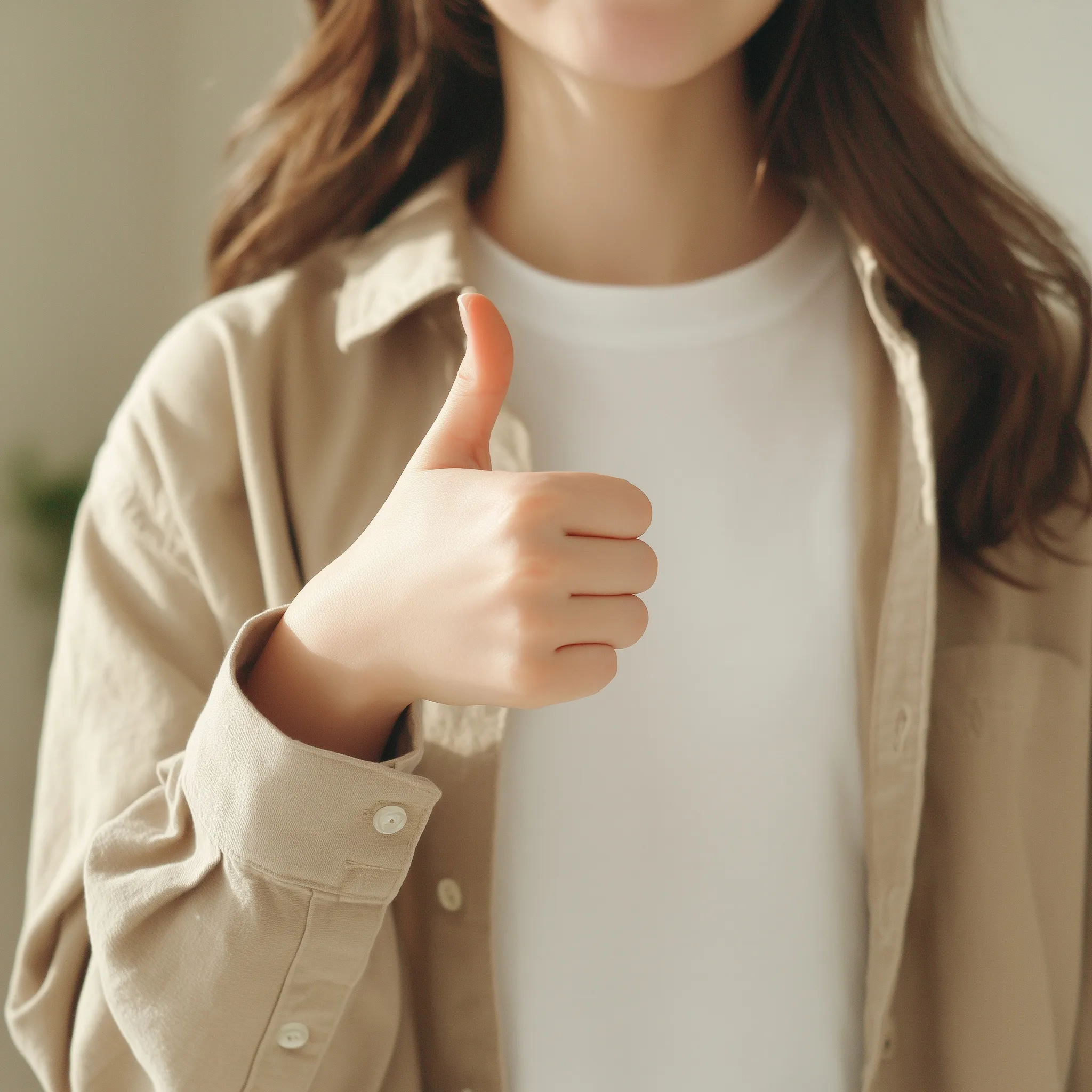 A Japanese woman in a casual outfit gives a thumbs-up gesture in soft indoor lighting, vertical cinematic video.
