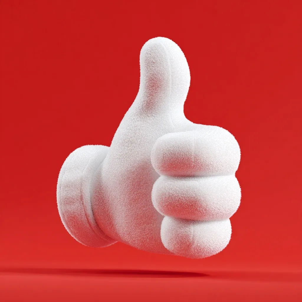 A chubby white cartoon glove in a thumbs up pose isolated on a solid red background.