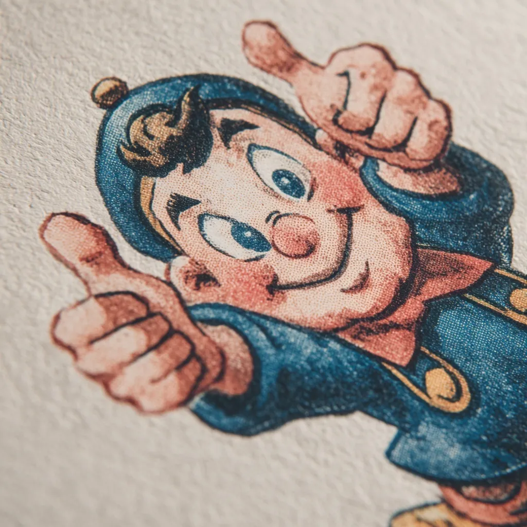 High angle view of a vintage cartoon character giving a double thumbs up gesture.