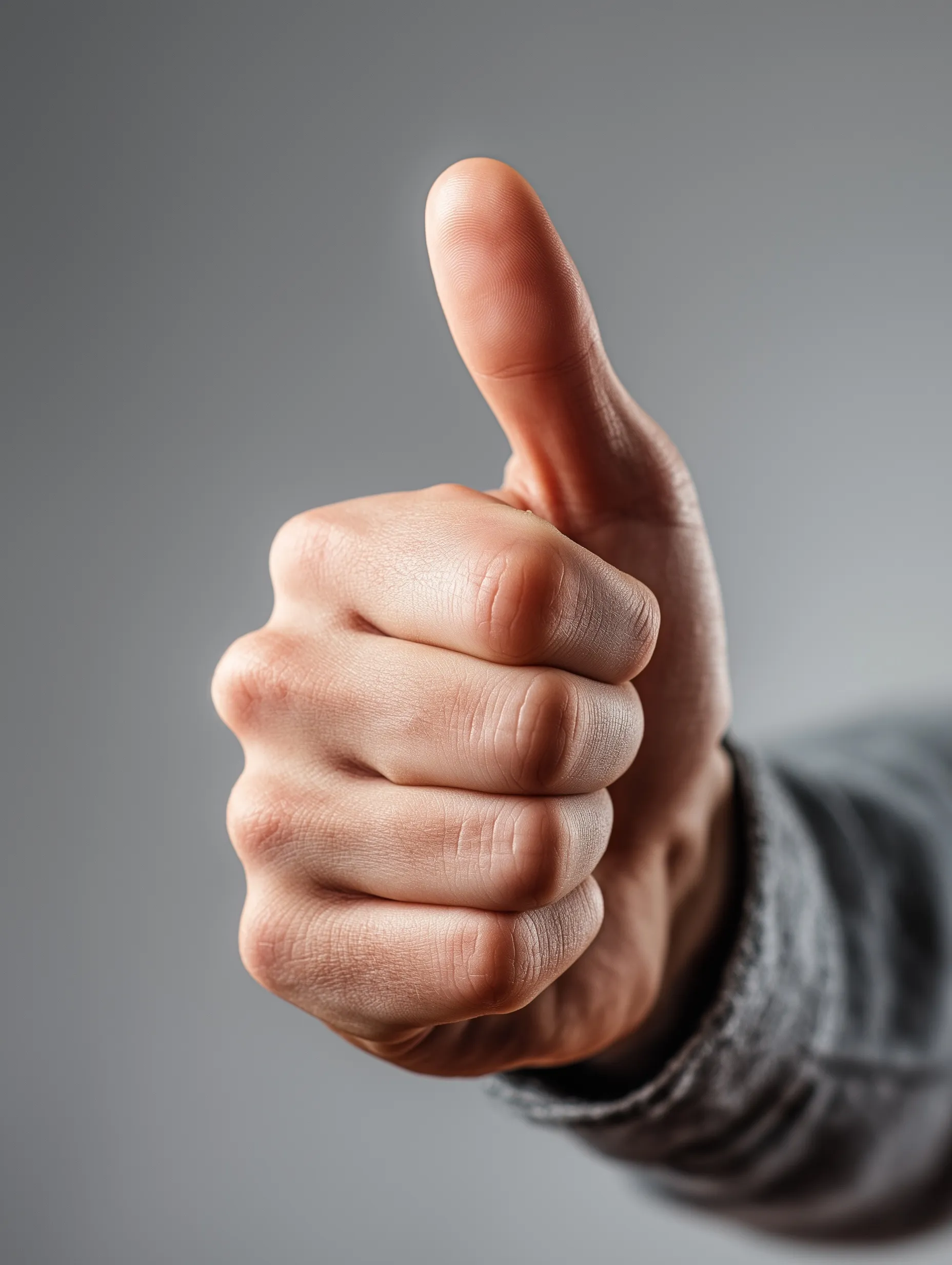 A cinematic close-up of a young person’s hand making a thumbs-up gesture against a soft, neutral background.