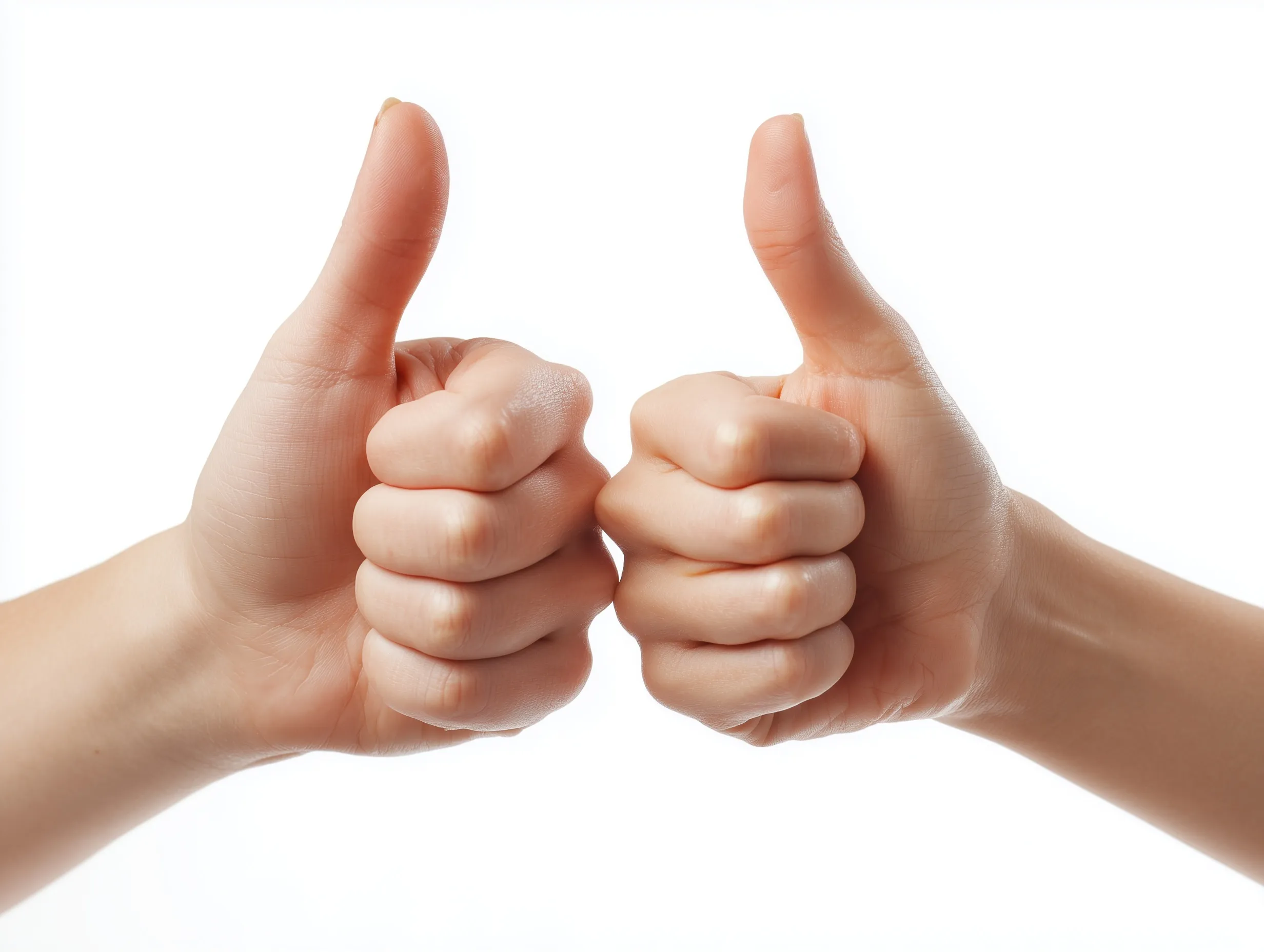 A man and a woman making a thumbs up gesture with their hands against a clean, isolated white background.