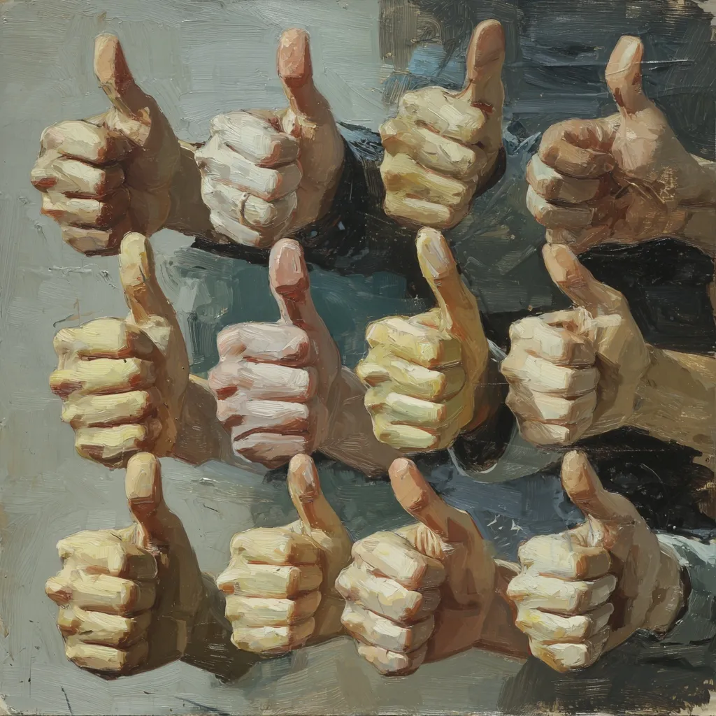 A group of diverse people giving a thumbs up gesture, representing success, approval, and positive teamwork.