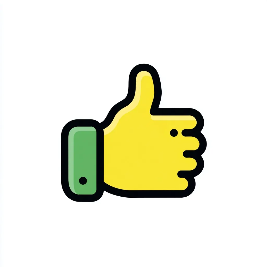 A simple, cute thumbs up icon with bold lines isolated on a white background.