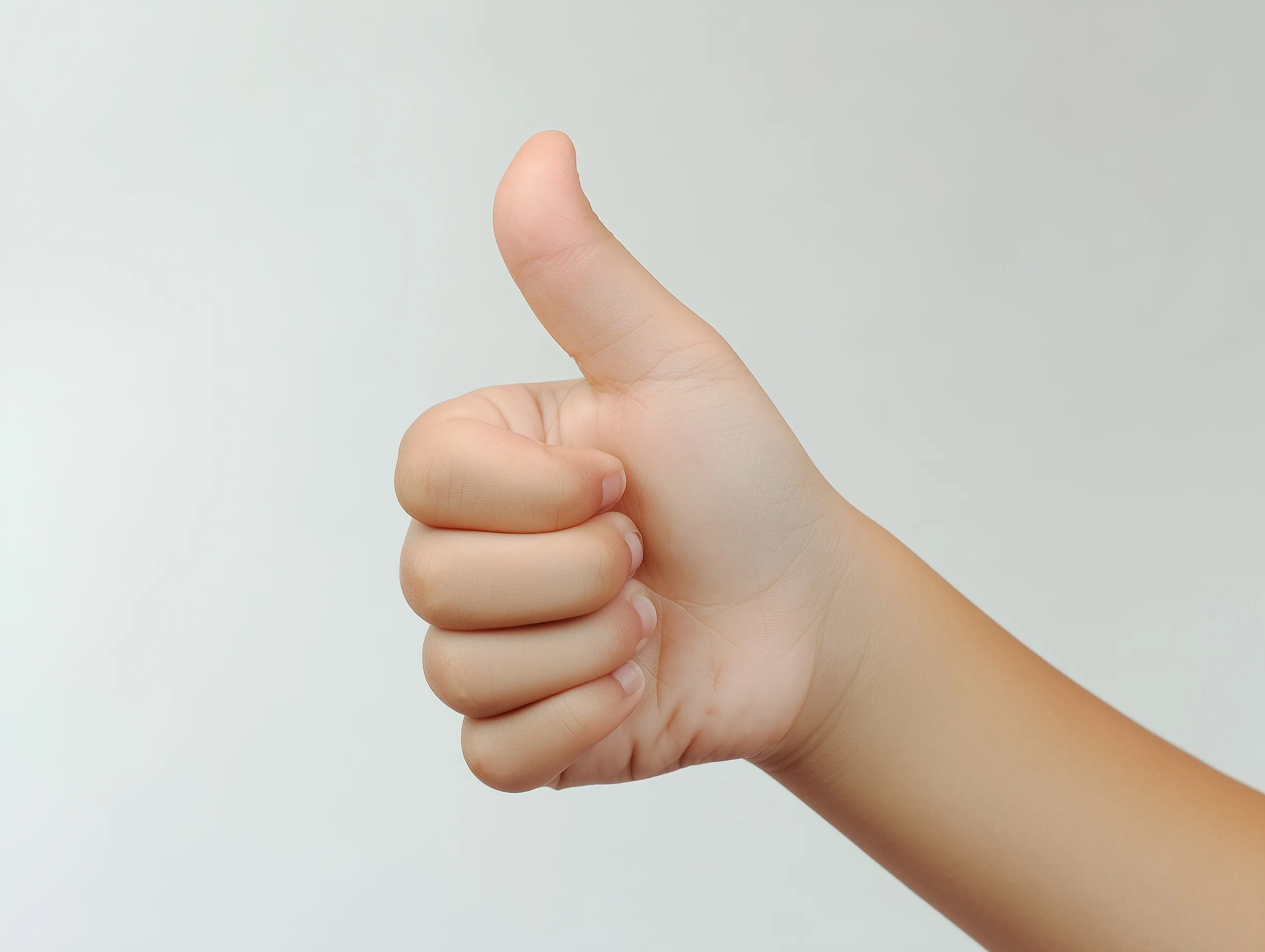 A young child's hand gesturing a thumbs up sign, representing approval, success, and positive feedback.