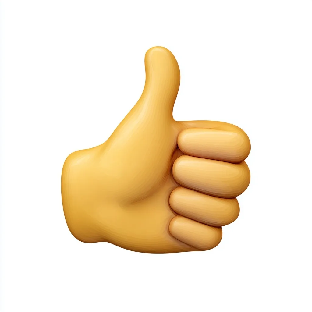 A 3D rendered hand gesture giving a thumbs up, stylized as a digital emoticon for social media feedback.