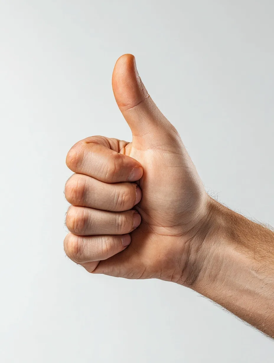 A close-up shot of a hand making a thumbs up gesture isolated on a plain white background.