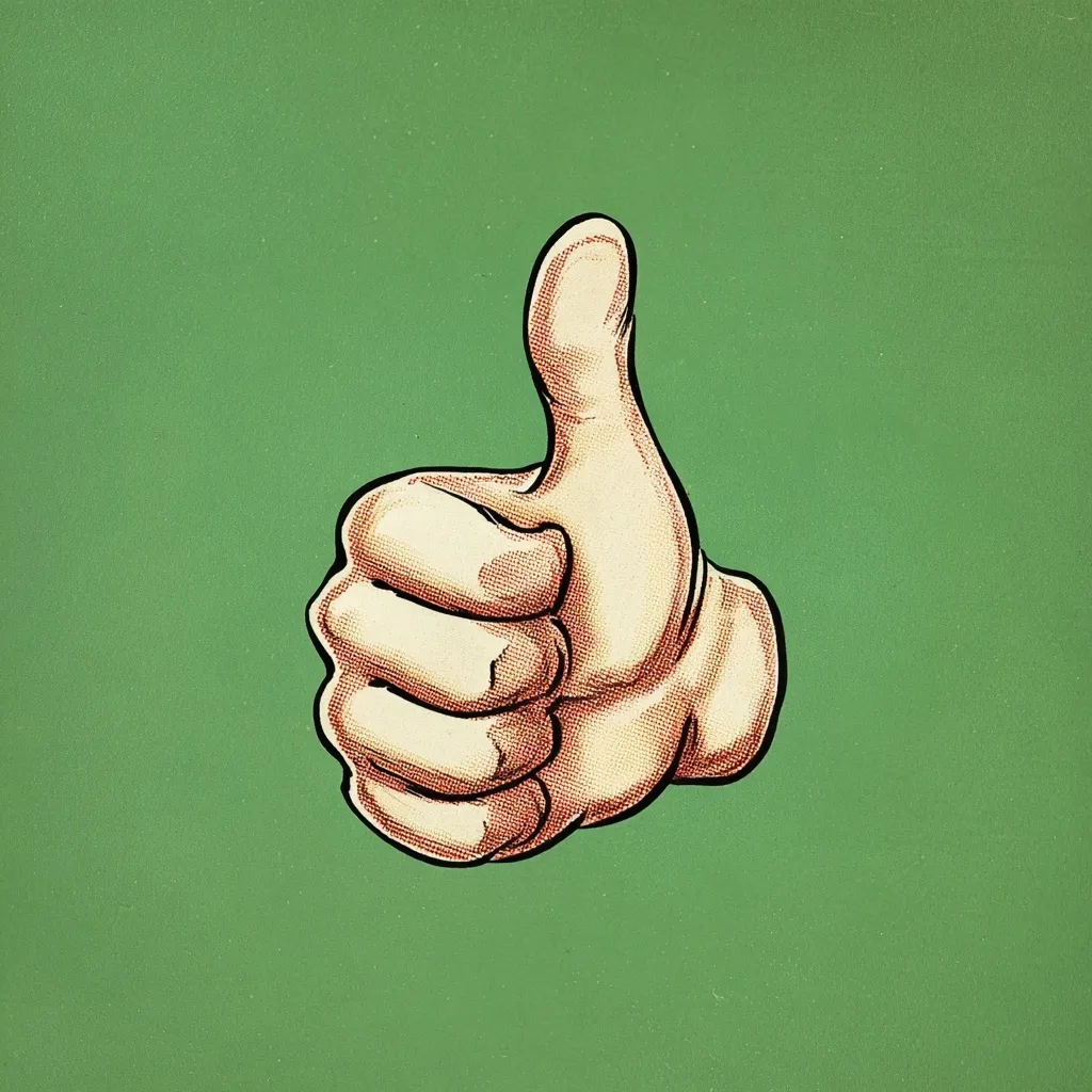 A retro 1950s cartoon illustration of a thumbs up gesture set against a solid, elegant green background.