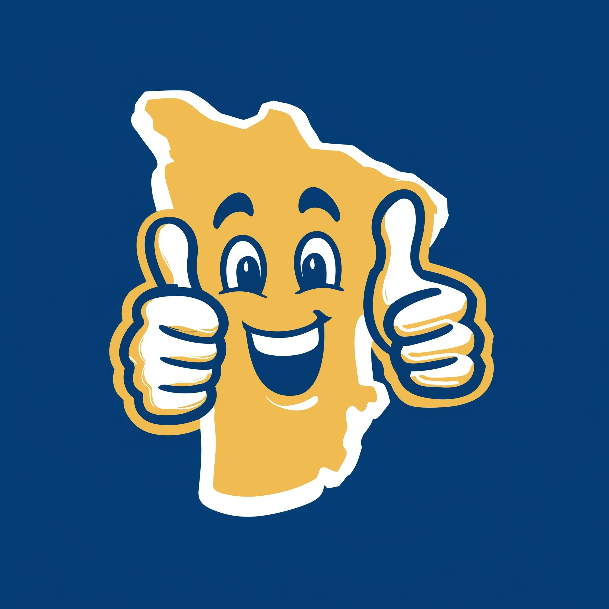 A happy, comic-style Wisconsin state shape graphic with gold, blue, and white colors giving a thumbs up gesture.