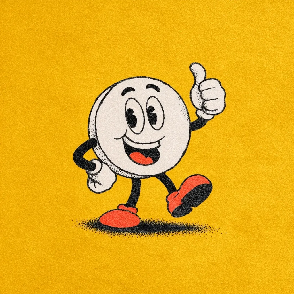 A retro 1930s cartoon-style white circular pill character giving a thumbs up gesture, vintage rubber hose animation.