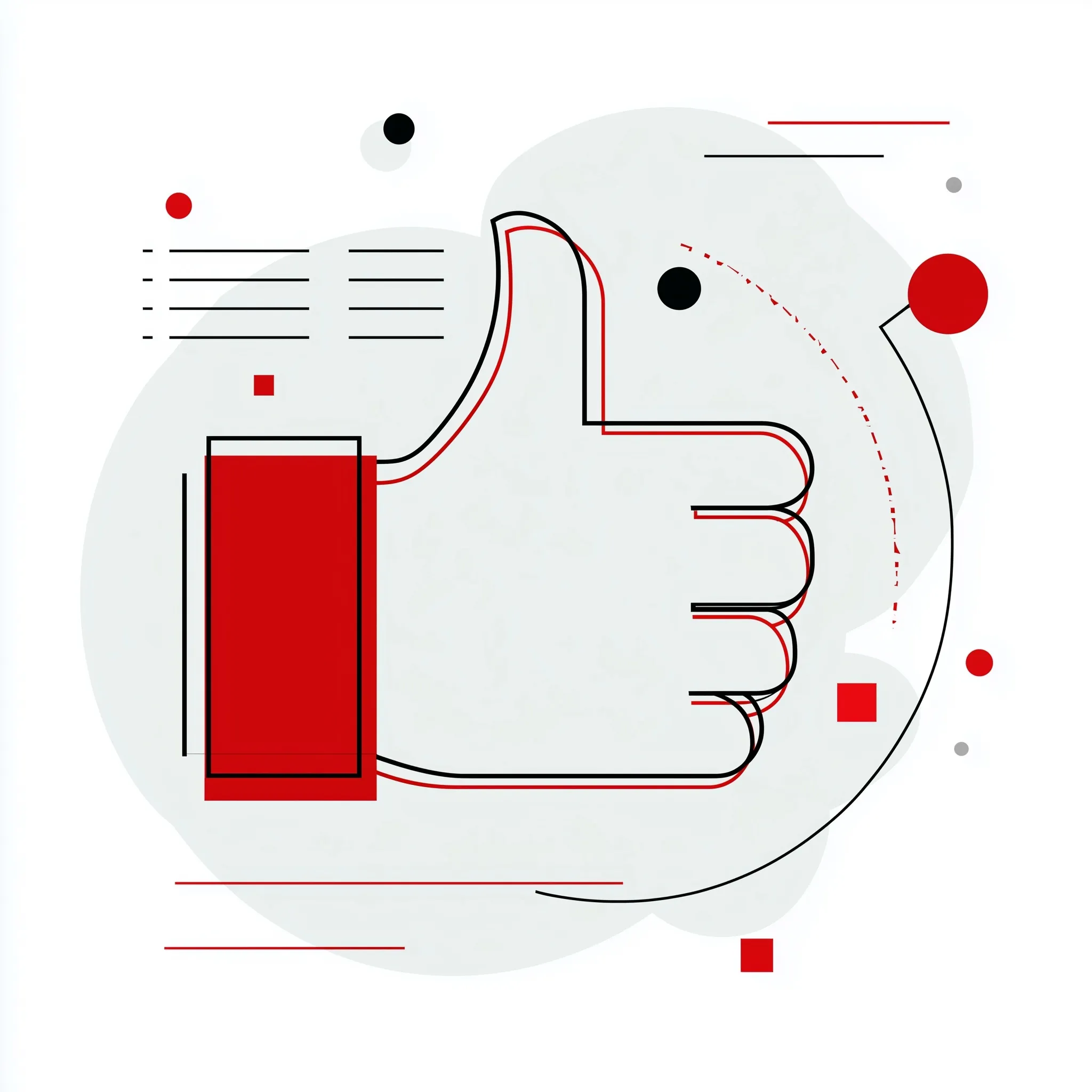 Flat vector thumbs up icon with bold lines in red, black, and white colors on a light grey background.