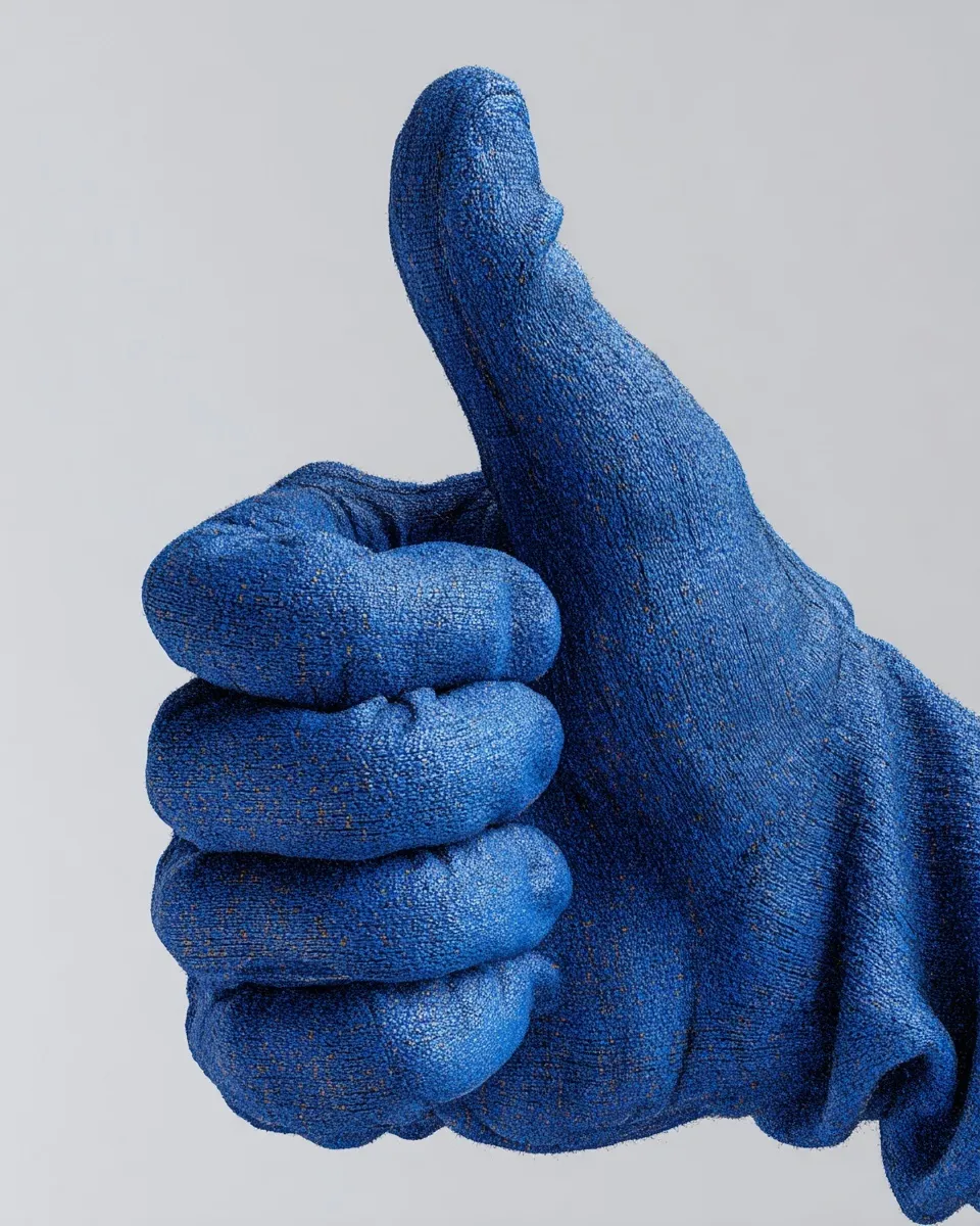 Close-up of a hand in blue industrial safety gloves giving a thumbs up gesture against a clean white background.