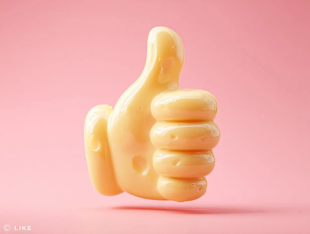 A sculptural cartoon hand made of yellow cheese making a thumbs up gesture against a pink gradient background.