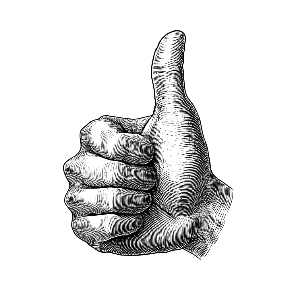 Hand-drawn thumb up gesture in vintage engraving style, isolated on white background.