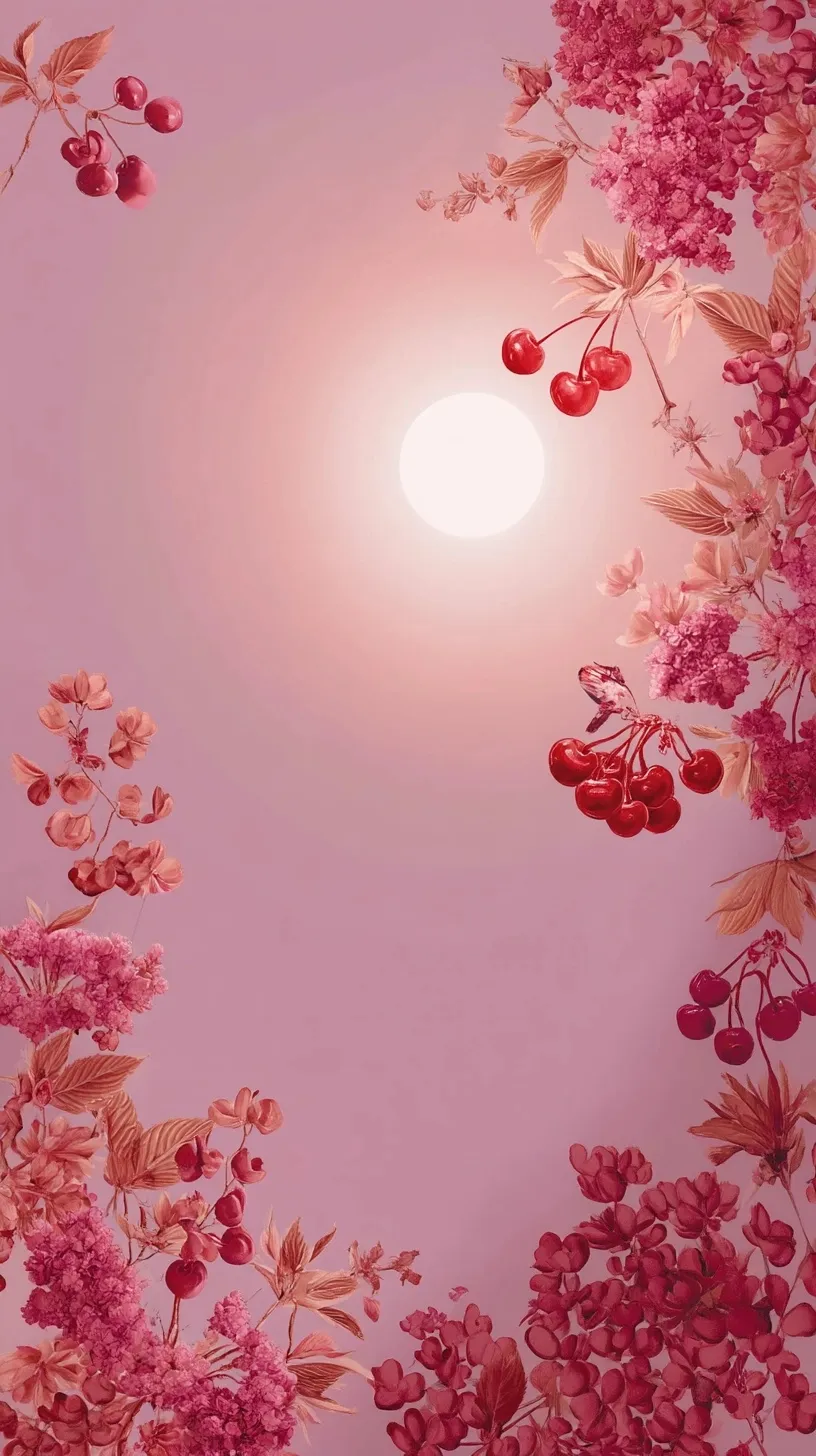 HD lilac mobile wallpaper featuring a dreamy sun orb, aesthetic cherries, and sweet peas.