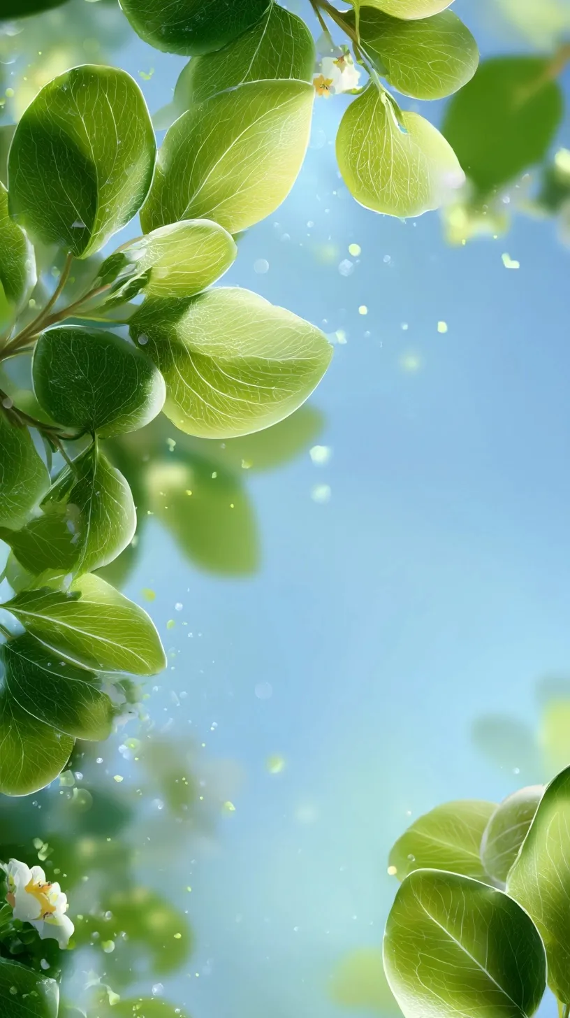 Fresh early summer mobile wallpaper with lush green leaves, soft sunlight, and blue sky in vertical HD 4K format.