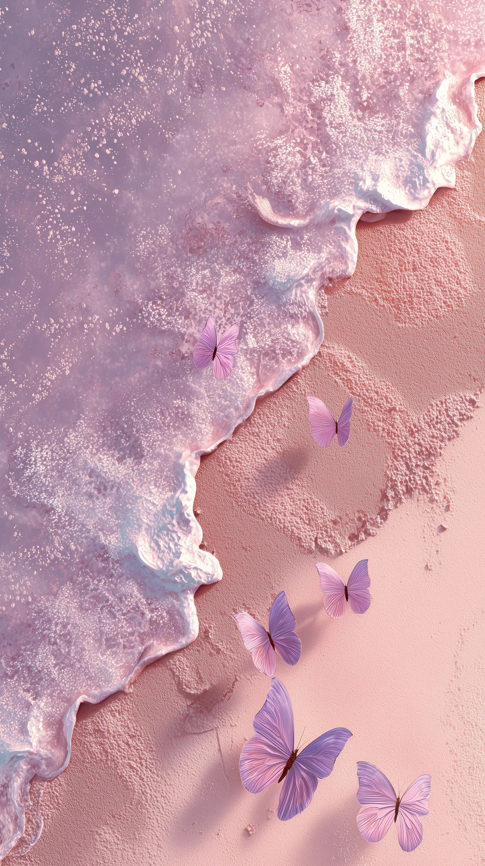 Aerial view of a dreamy pink sandy beach with pastel waves and floating butterflies, 4k mobile wallpaper.