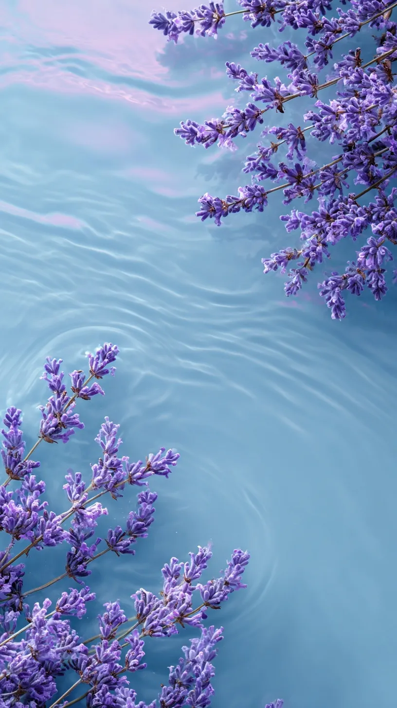 Lavender twigs floating on clear blue rippled water, top-down view for mobile wallpaper.