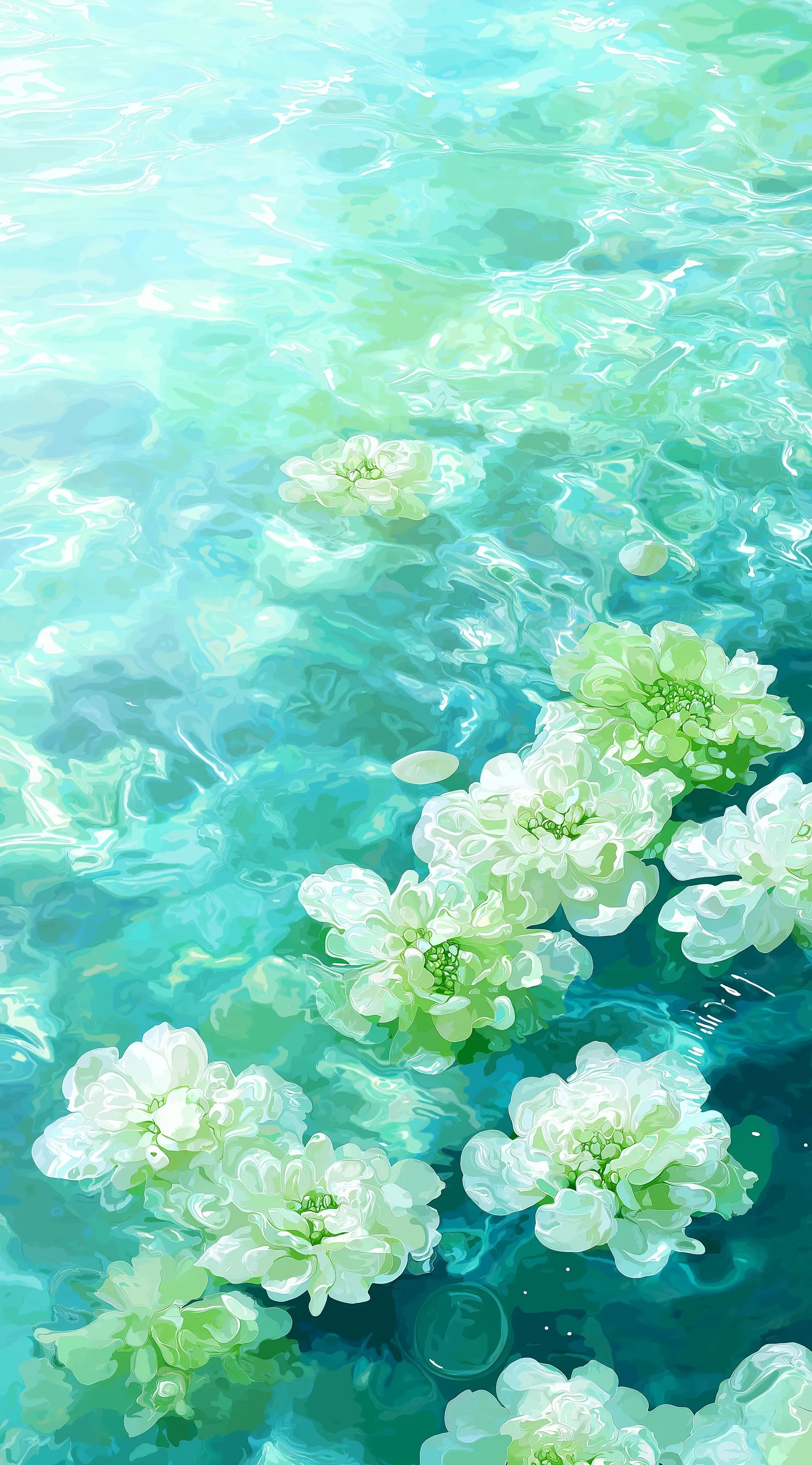 HD mobile wallpaper featuring limes and white flowers floating on crystal clear light green water.