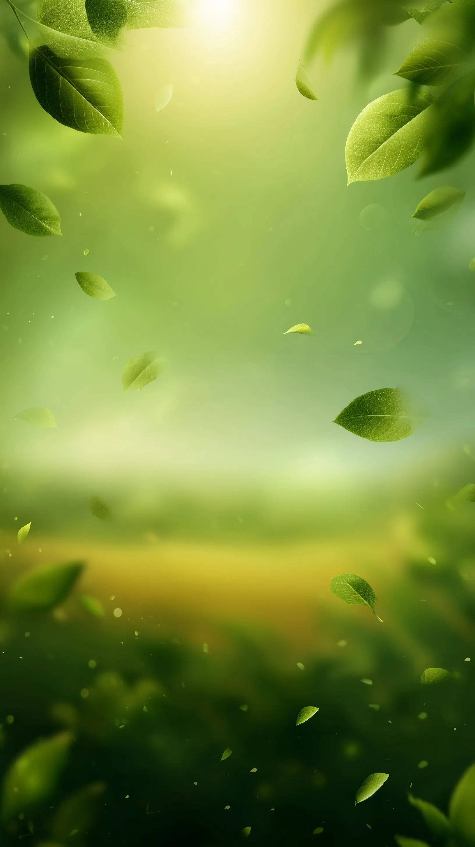 Vibrant green gradient background with floating leaves, bokeh effect, and a dreamy sunlit rural hay field landscape.
