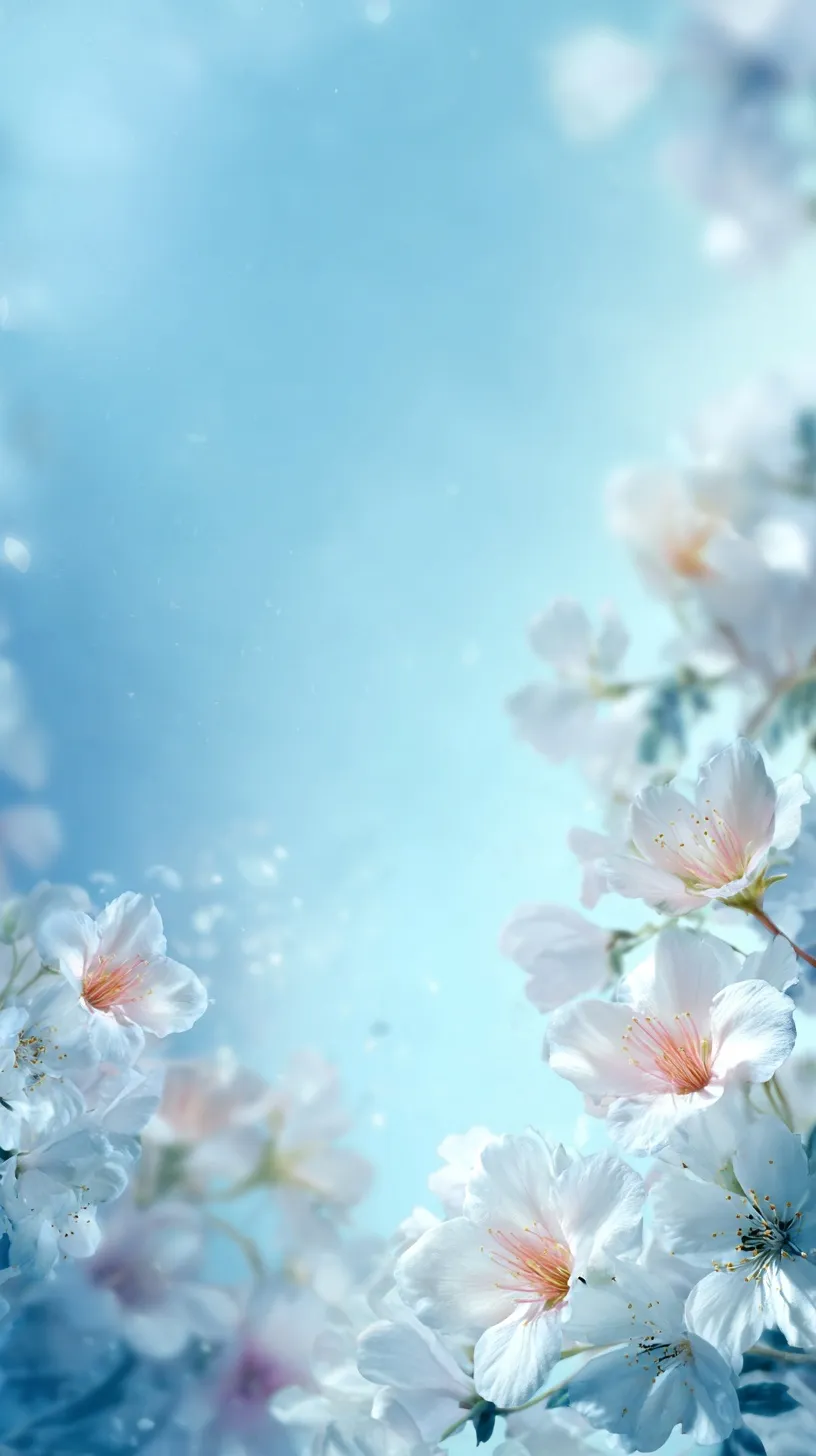 Ethereal vertical wallpaper with blue gradient background and delicate white and peach floral accents.