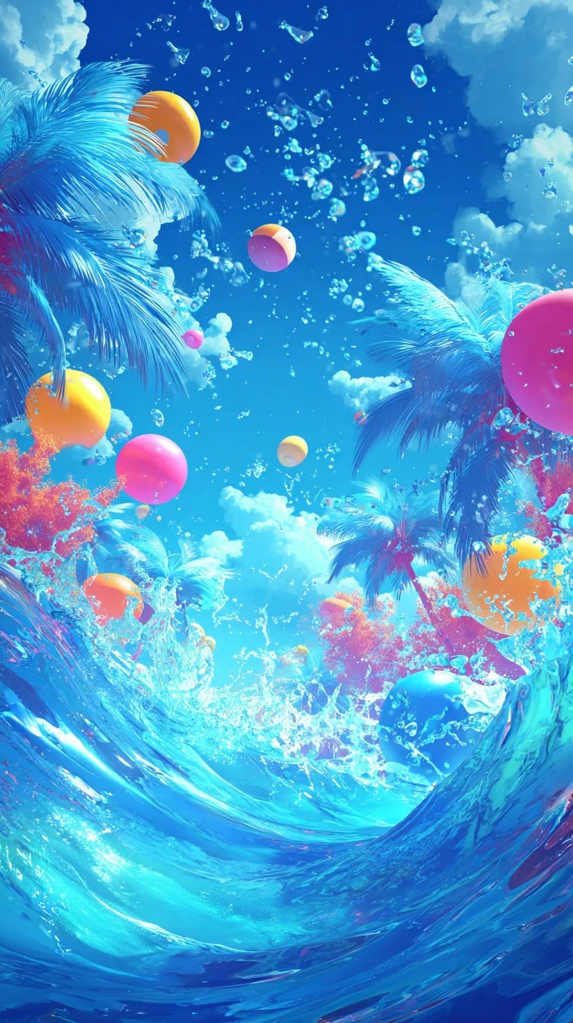 A man and woman relaxing in a vibrant blue swimming pool at a tropical summer pool party with palm trees.