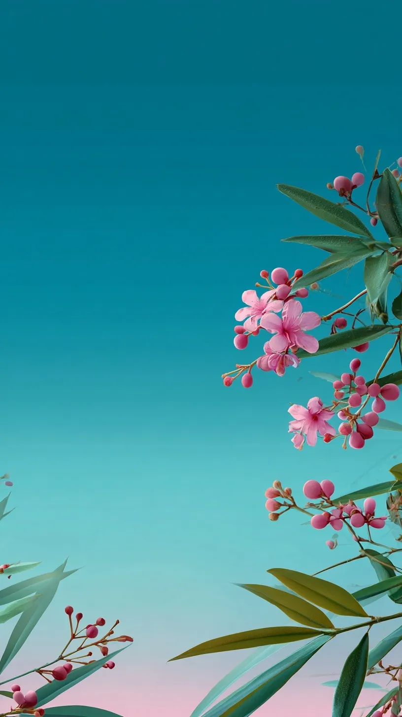 Minimalist mobile wallpaper featuring a pink flower branch and turquoise gradient background in 4K resolution.
