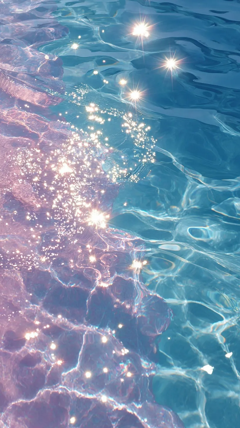 Aesthetic beach wallpaper with soft blue and pink gradient, sparkling water ripples, and glittering light reflections.
