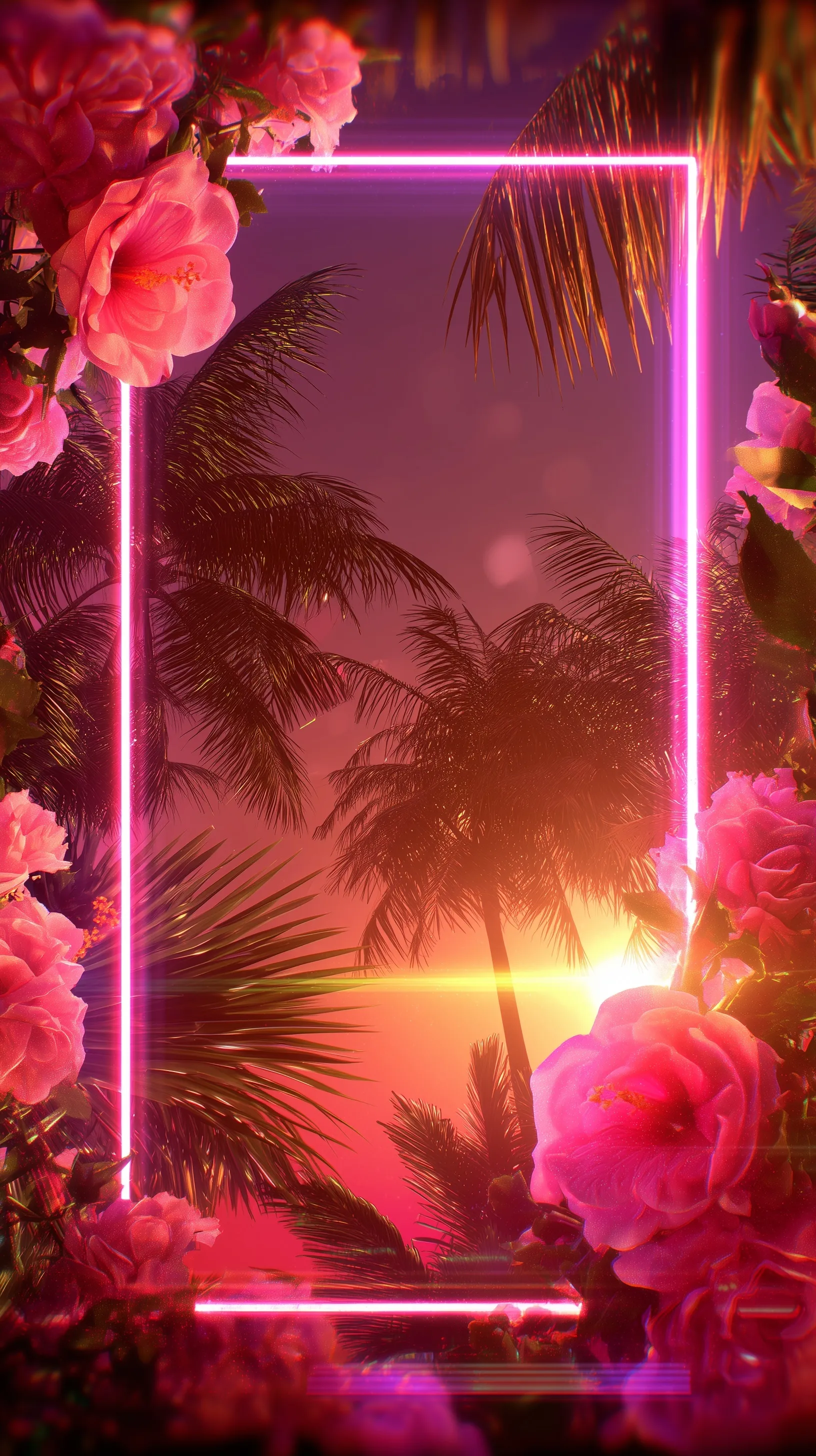 Tropical neon nightlife mobile wallpaper with pink lights, hibiscus, roses, and sunset sky for iPhone.