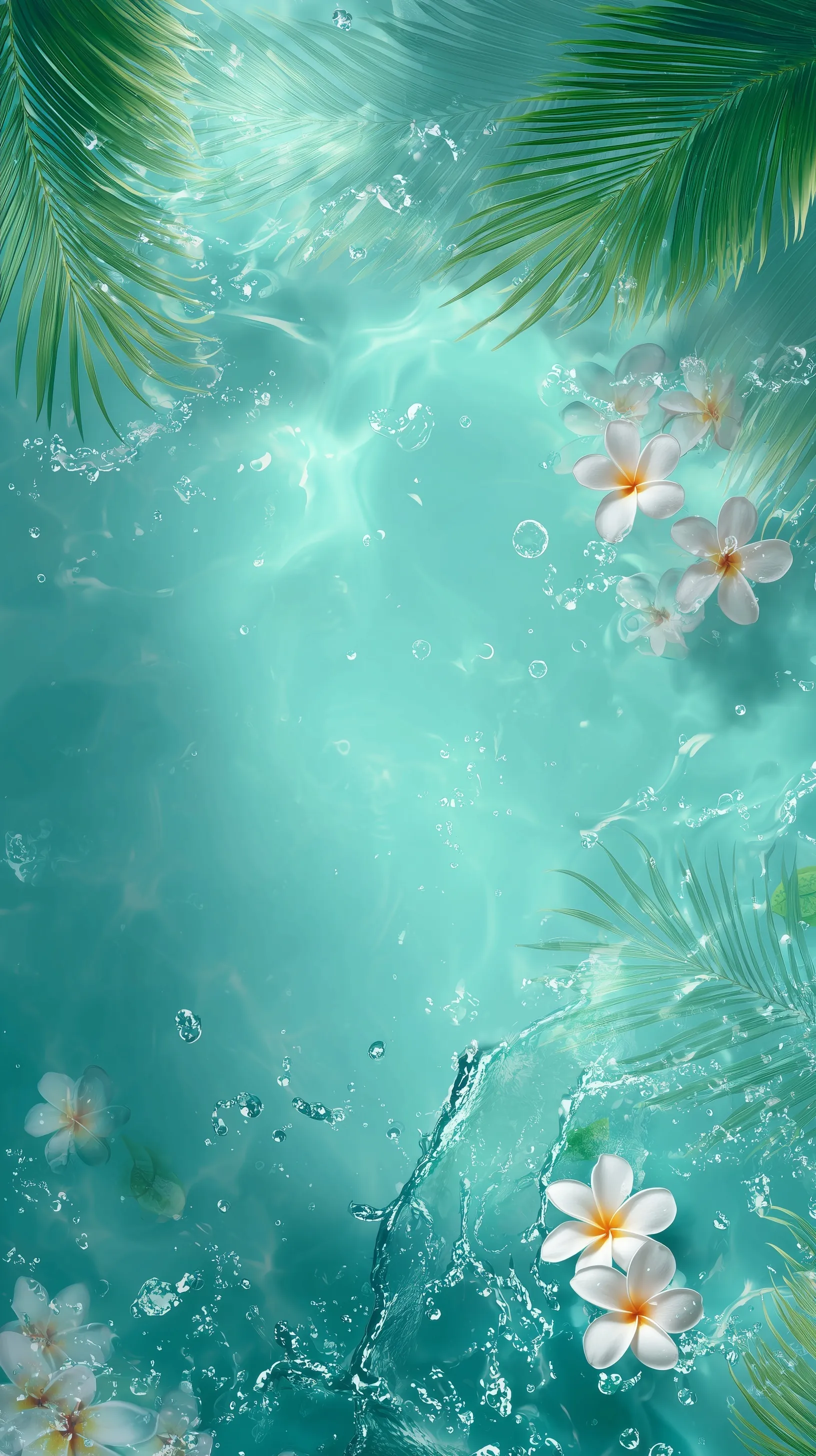 Luxurious turquoise water with tiaré flowers and palm leaves, perfect for a high-end mobile wallpaper background.