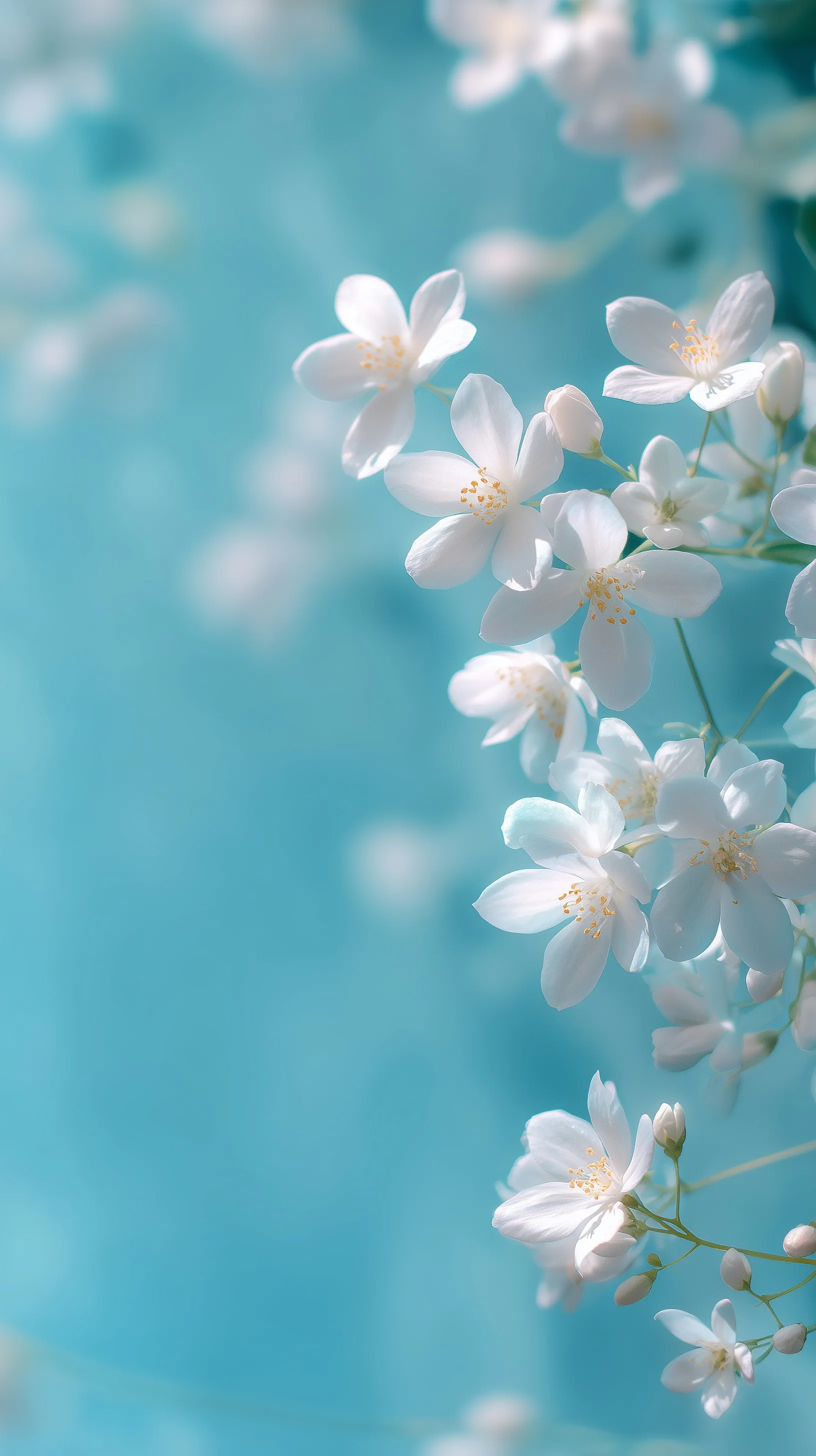 Minimalist mobile wallpaper featuring delicate white jasmine flowers on a soft pastel blue background.