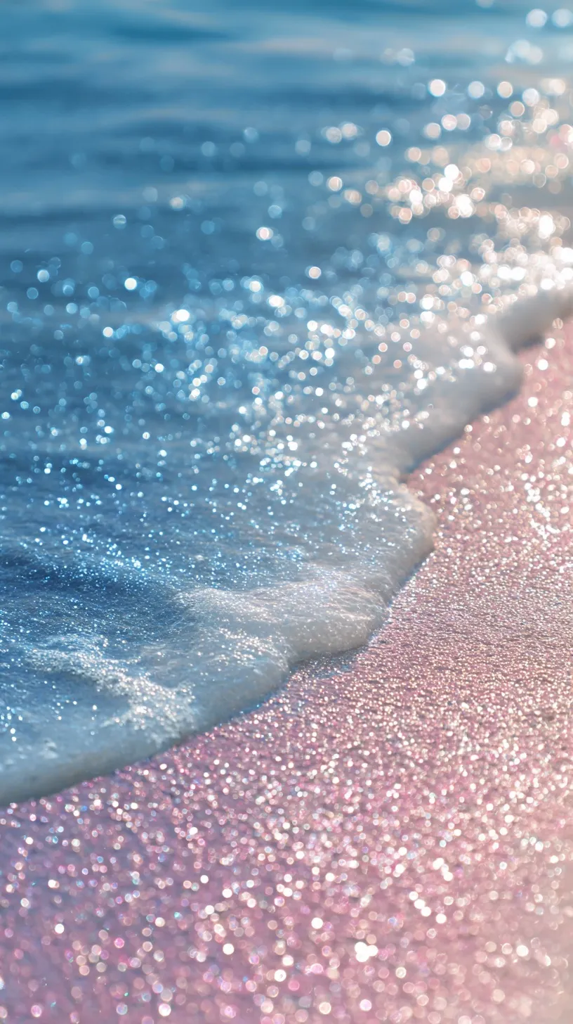 Aesthetic beach wallpaper with soft white-blue and white-pink gradients, sparkling water ripples, and natural light.