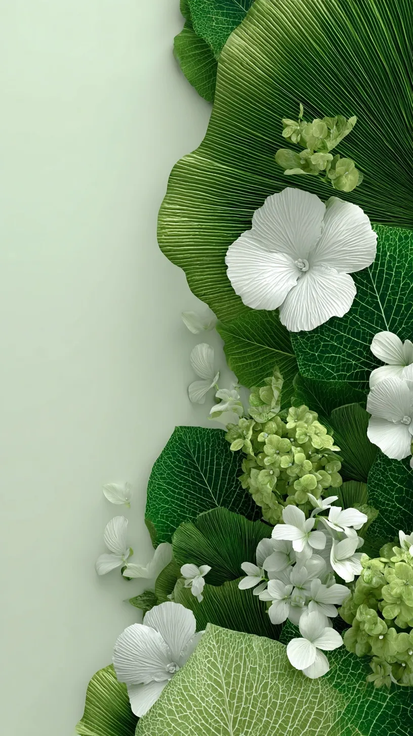 A beautiful green leaf and flower arrangement as a minimalist aesthetic mobile wallpaper background.