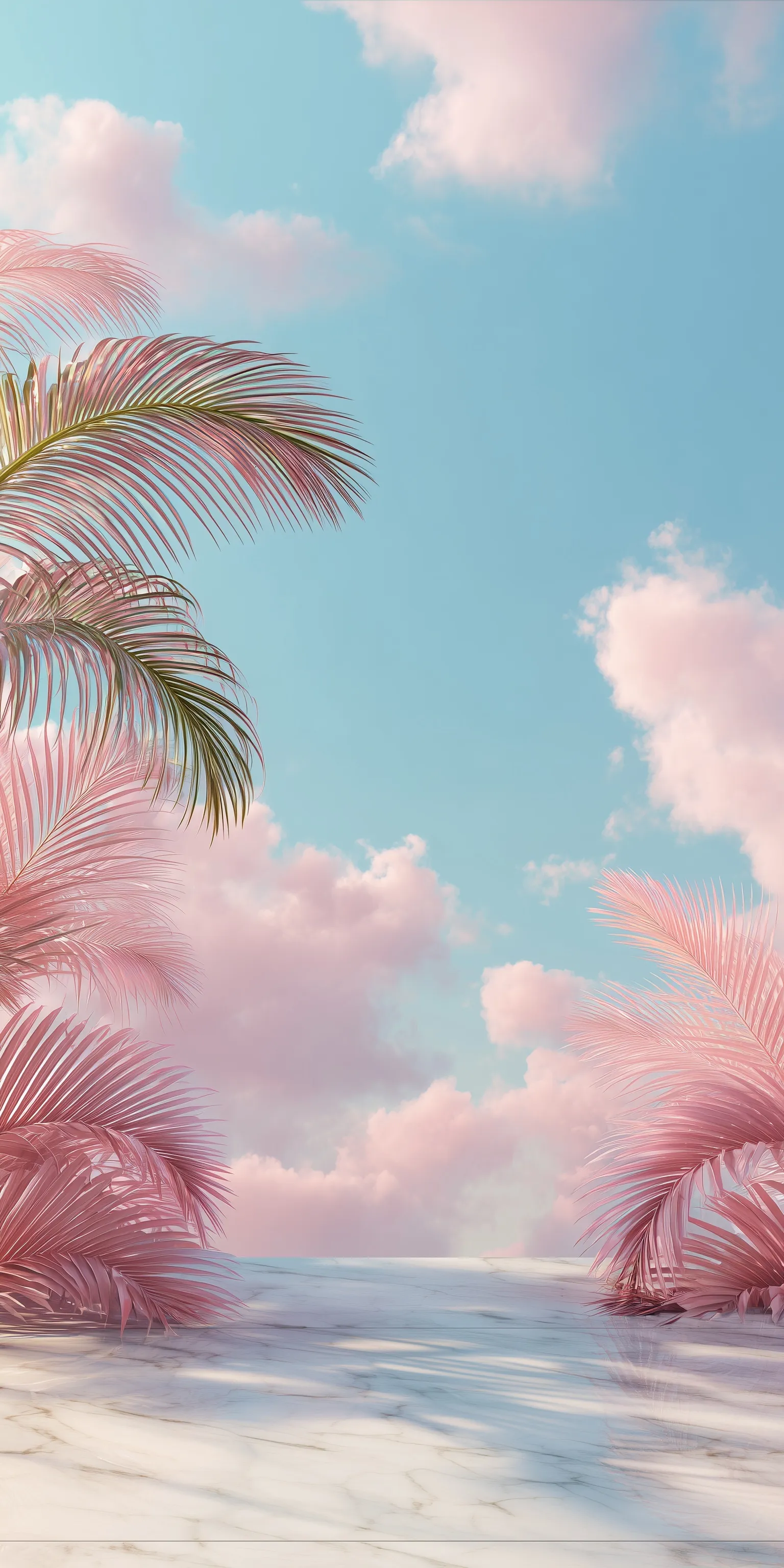 Soft pink clouds and palm leaves with a polished white product display platform under a clear blue sky.